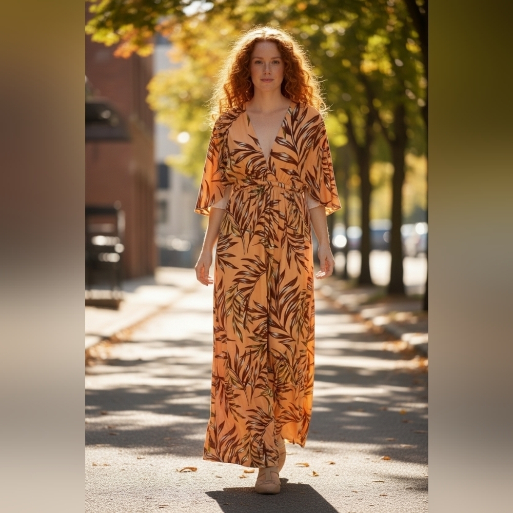 Rachel Pally Palm Print Orange & Brown Caftan Maternity Dress NWT XS
